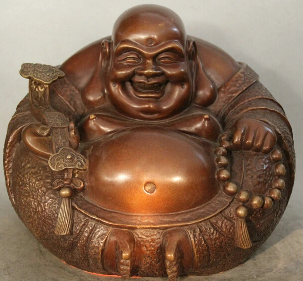 

dr524 14" Chinese Buddhism Red Bronze Ru Yi Beads Happy Laugh Maitreya Buddha Statue