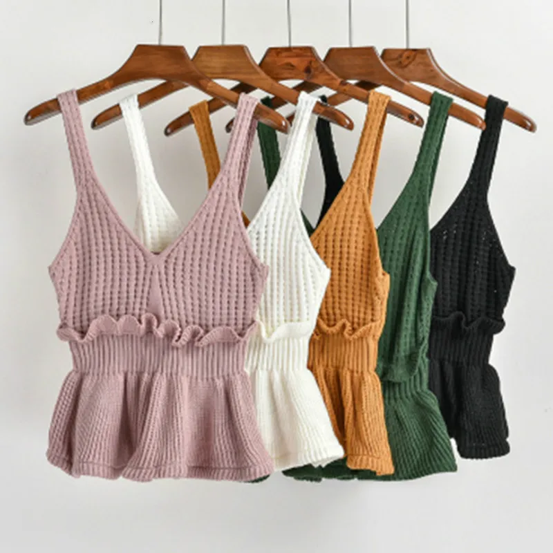 

Spring Autumn V-Collar Vest Knitted Tank Tops Lotus leaf V-neck Short Ruffles Sweater High waist Thin Basic Sleeveless Camis