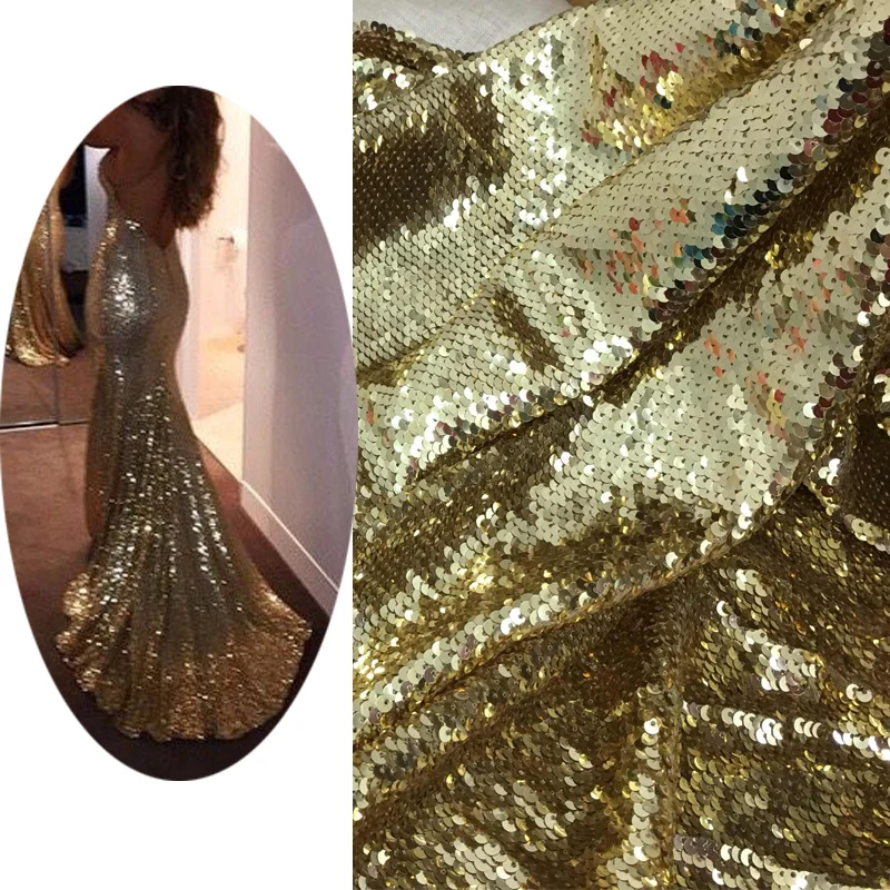 Luxuriant Golden Fish Scales Sequin Fabric Designer DIY Fishtail Dress Material Stretch Mesh Fabric
