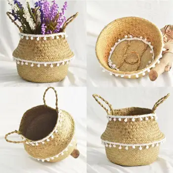 

Handmade Storage Baskets Straw Patchwork Flowerpot Wicker Rattan Garden Flower Planter Pot Folding Planter Bamboo Basket 2019