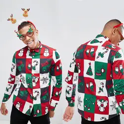 2018 модные Для мужчин Рождество рубашка елка Снеговик печати рубашка с длинными рукавами Топы Повседневное футболка рождественские