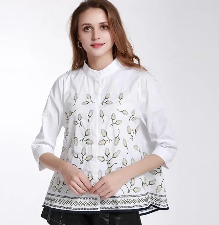 

Women's Elegant spring autumn casual loose 100% cotton white shirt lady's vintage national embroidery blouse Tees TB558