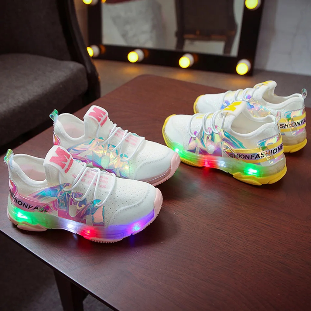 Детские сетчатые светящиеся спортивные кроссовки для бега с буквенным принтом для маленьких мальчиков и девочек; детская обувь; светильник; chaussure garcon enfant; Новинка