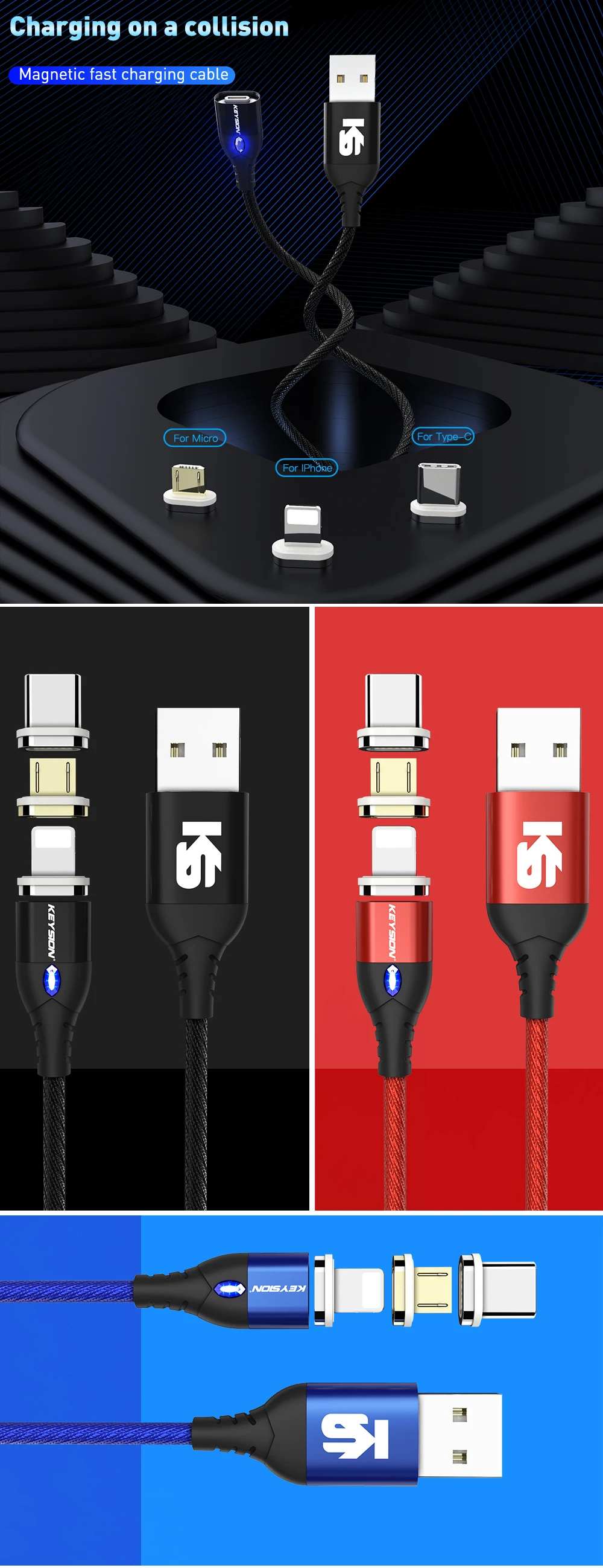 KEYSION 3A Магнитный USB кабель для iPhone Micro usb type C кабель Быстрая зарядка магнит зарядное устройство Micro usb кабель для samsung Xiaomi