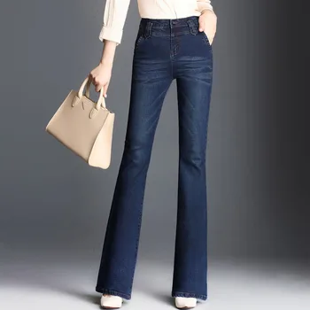 

Women Washed Fishtail flared denim Trousers Big Size high waist Flare Jeans Wide Leg Stretch Blue bell bottom cowboy Pants SD162