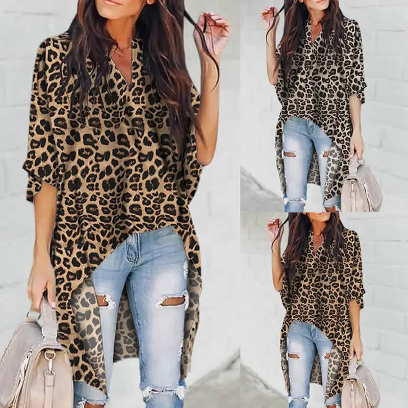 Fashion Women's Casual  Blouse Half Flare Sleeve Long Shirt  Summer Ladies Irregular Leopard Print V-Neck Womens Tops and Blouse