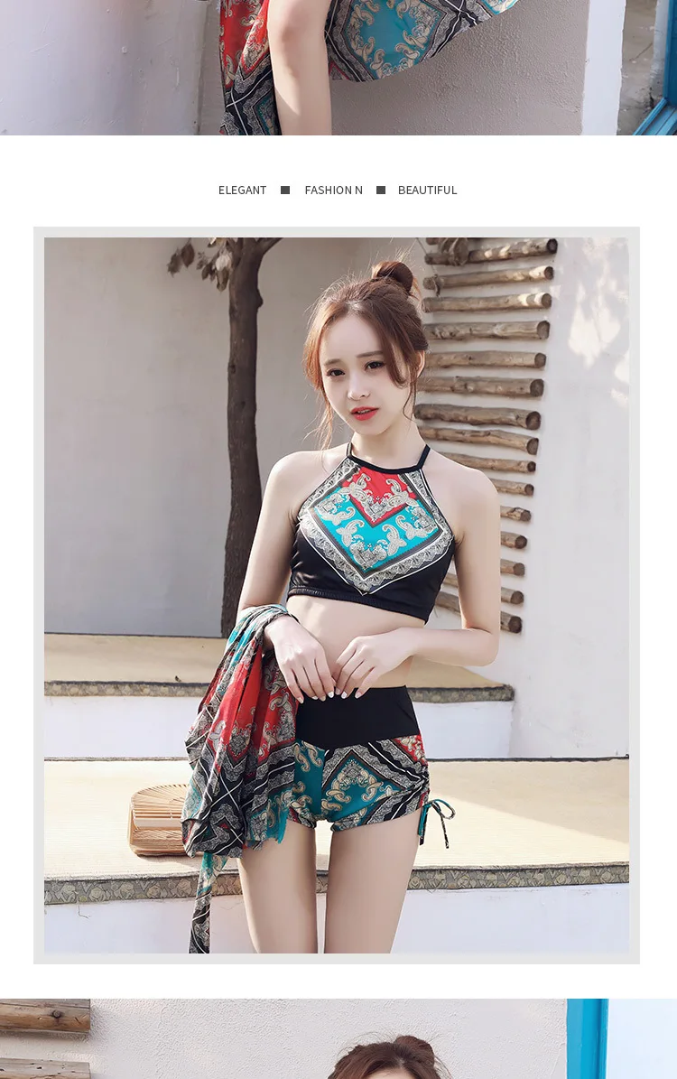 Корейский стиль, Женский комплект бикини с принтом, 3 шт., купальник, пуш-ап, монокини, купальный костюм, пляжная одежда