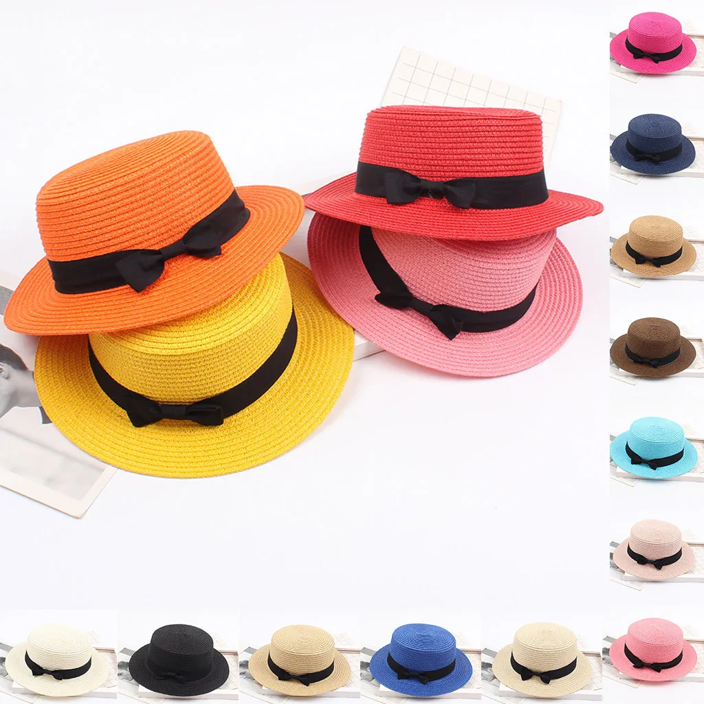 Kid Toddler Baby Bowknot Sun Hat Cap and Father Mother Breathable Sun Straw Hat