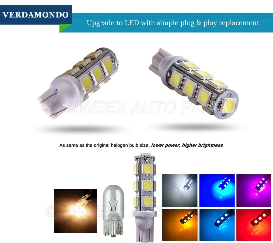 Автомобильные аксессуары T10 W5W 194 168 147 152 разъем 13 SMD 5050 Светодиодные лампы Поворотники боковые огни супер яркий 360 градусов красные, синие 12v