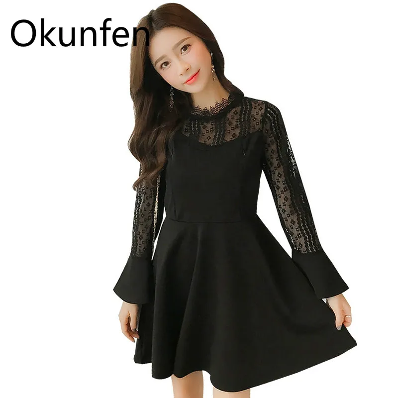 

Okunfen Elegant Ruffle Sleeve Sexty A-line Maternity Dresses Autumn Long Sleeve Lace Sexy Party Dresses for Pregnant Women