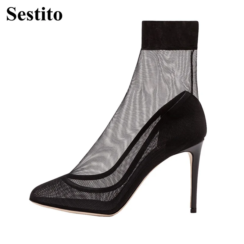 

New Women 2018 European Style Solid Pointed Toe Mesh Ankle Boots High Heels Thin Heels Spring/ Autumn Basic Slip-on Ladies Shoes