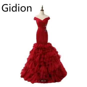 

2017 real picture burgundy tulle mermaid prom dresses ruffled off the shoulder v neck crystals formal prom gowns hot sale