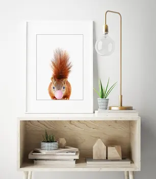 

Modern Nordic Squirrel With Bubble Gum Animal Wall Art Painting Prints Canvas Poster Cartoon Wall Pictures For Kids Room Decor