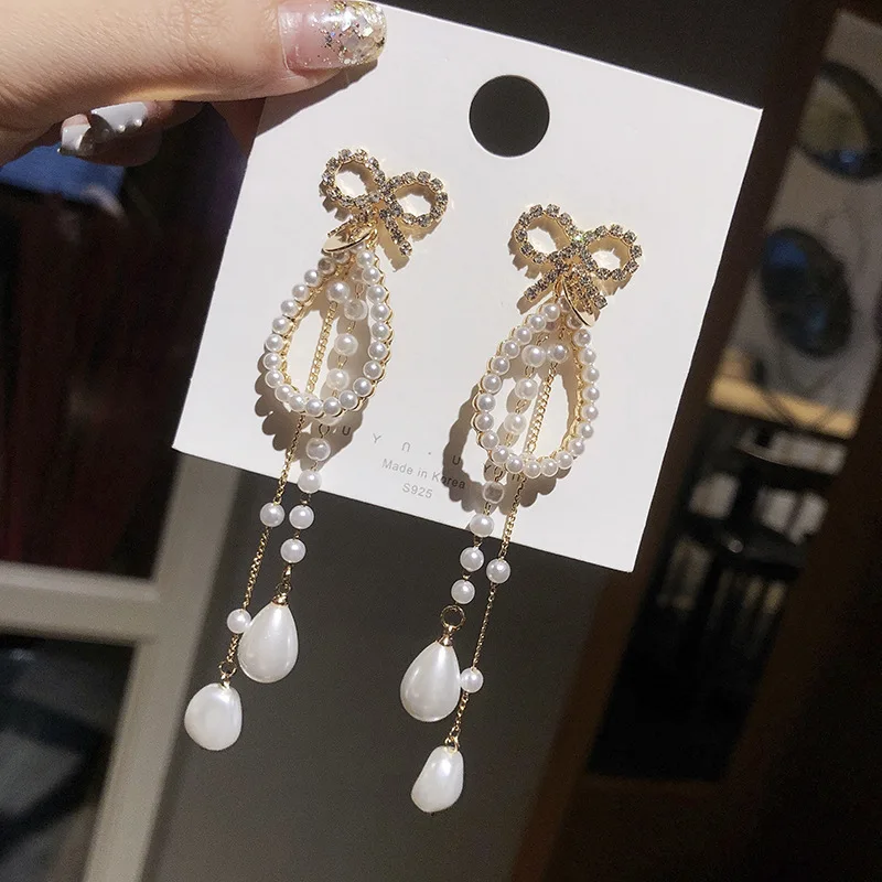 

2019 New Product Exaggerated Personality Big Earrings Female Long Pearl Tassels Eardrop Lovely Bow Tie Trendy Earrings Female