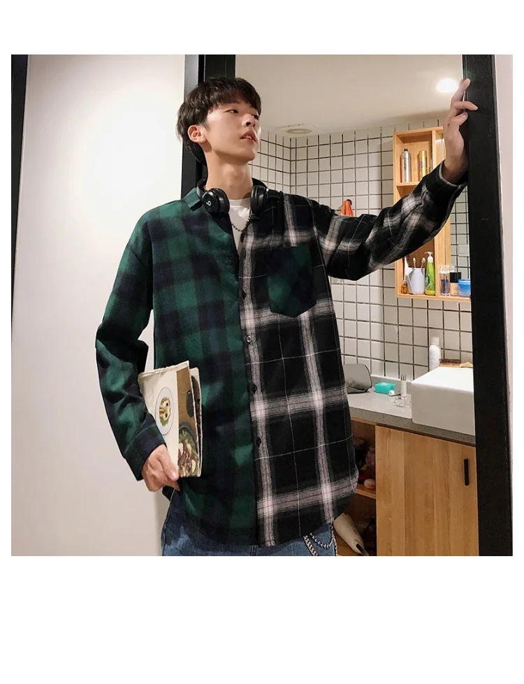 Privathinker Харадзюку Лоскутные рубашки в клетку мужская одежда Повседневная хлопковая рубашка с длинным рукавом мужская Корейская Свободная рубашка на пуговицах 3XL