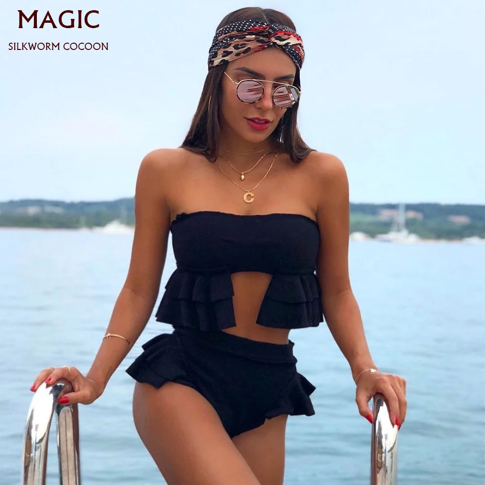 

Ruffle Bandeau Swimsuit New Sexy Women Bandage Bikini Set Push-Up Brazilian Swimwear Beachwear Black Solid Beachwear Biquini Hot