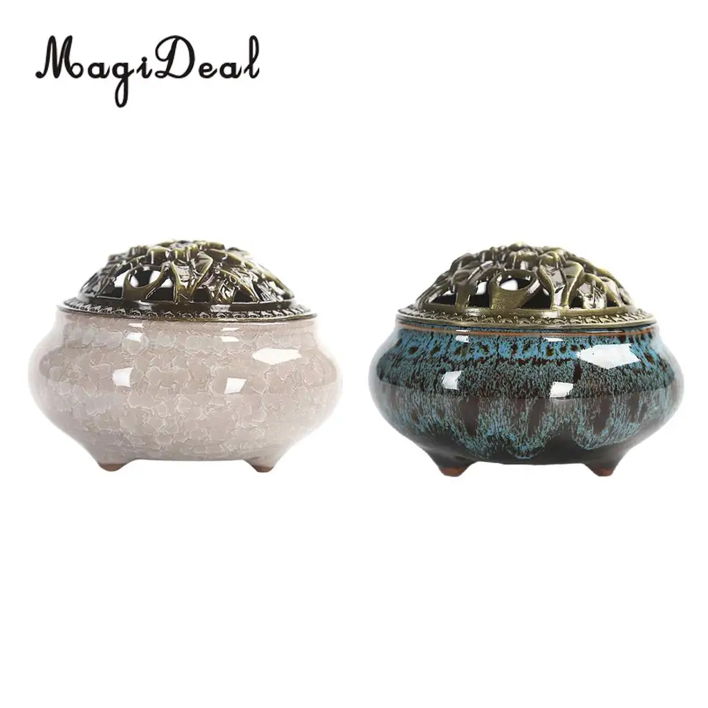2x Cone Incense Burner with Alloy Cover Chinese Traditional Porcelain Sandalwood Censer Ceramic Incense Ash Catcher Tray Bowl