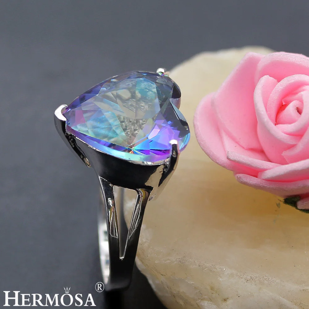 

Hermosa Jewelry Princess Heart Mystic Fire 925 Sterling Silver Engagement Rings 8# HR006
