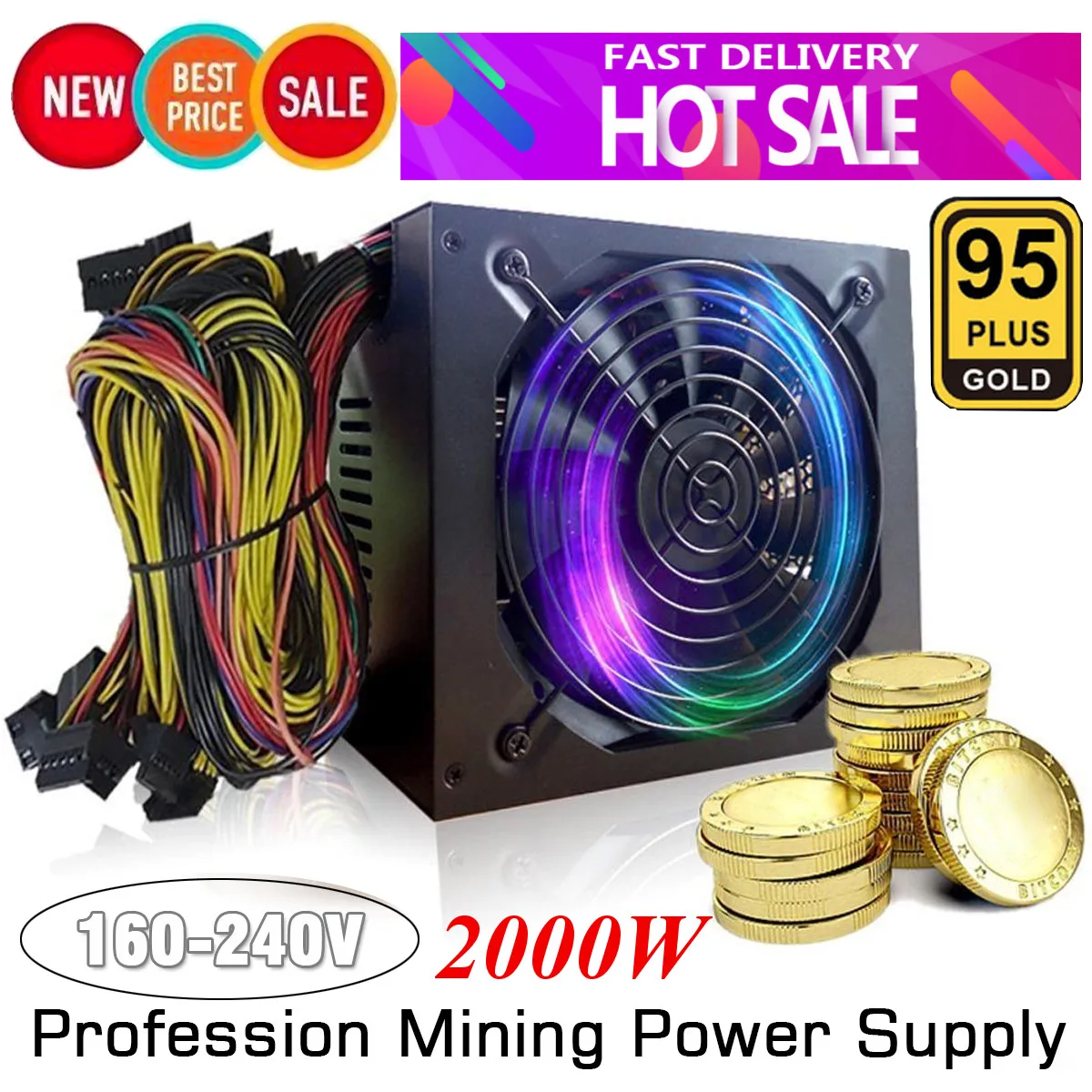 

Professional 2000W ATX Gold Mining Power Supply For 8 GPU Eth Rig Ethereum New For Computer Minner Machine