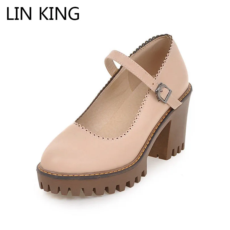 

LIN KING British Style Women Pumps Square Heel Platform Shoes Casual Buckle Thick Sole Lolita Shoes Lady Round Toe Outdoor Shoes