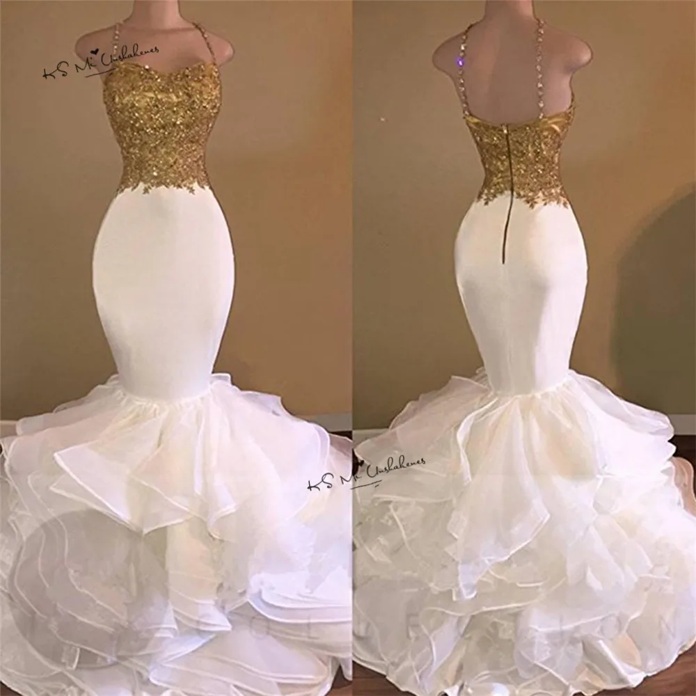 Sexy Gold Lace Evening Dresses Long Applique Ruffles Organza Mermaid Prom Dress 2017 Vestidos de Noche Robe de Soiree Courte