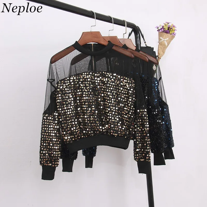

Neploe Sexy Sequined Women Blouse 2019 Spring New Fashion Perspective Mesh Shirts Patchwork Long Sleeve Female Blusas 67081