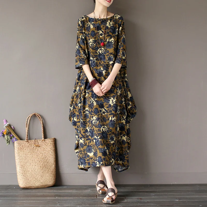 

Johnature Cotton Linen Vintage Women Print Robe Long Dresses New Loose 2019 Summer O-Neck Half Sleeve Irregular Dresses