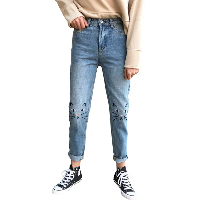 Vintage Cat Face Jeans With Embroidery Cat Knees Jeans Boyfriend High