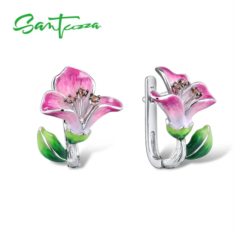 

SANTUZZA Silver Earrings For Women 925 Sterling Silver Delicate Pink Flower Stud Earrings Trendy Fine Jewelry HANDMADE Enamel