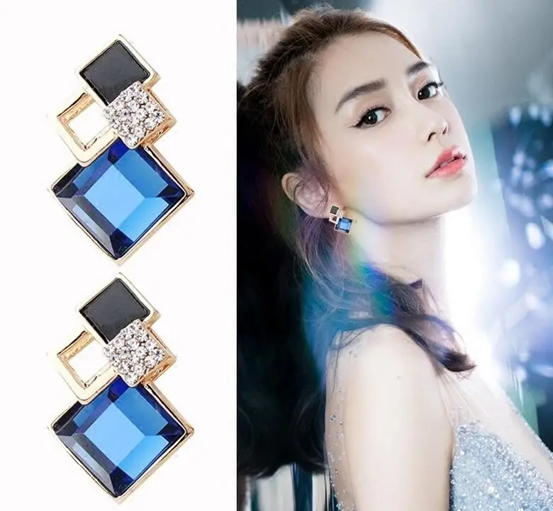 

BYSPT European and American prismatic Crystal retro simple crystal blue coffee color pendant earring