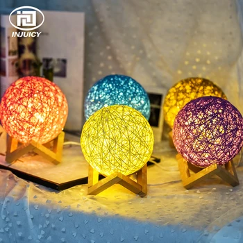 

Modern Minimalist LED Small Night Lights Creative USB Bedside Lamp Solid Wood Linen Cane Ball Hemp Small Table Lamp Bedroom