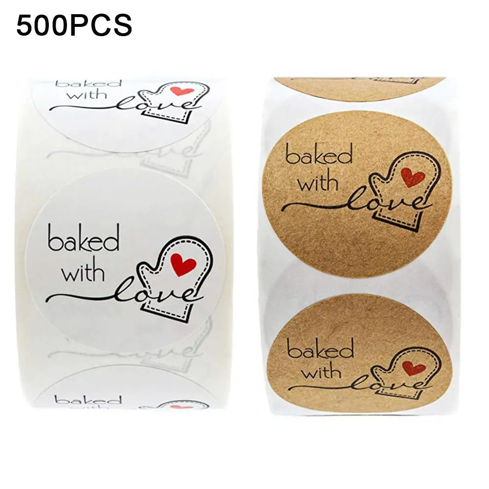

Hot 500Pcs Baked with Love Round Paper Sticker Self-adhesive Baking Label Cake Decor