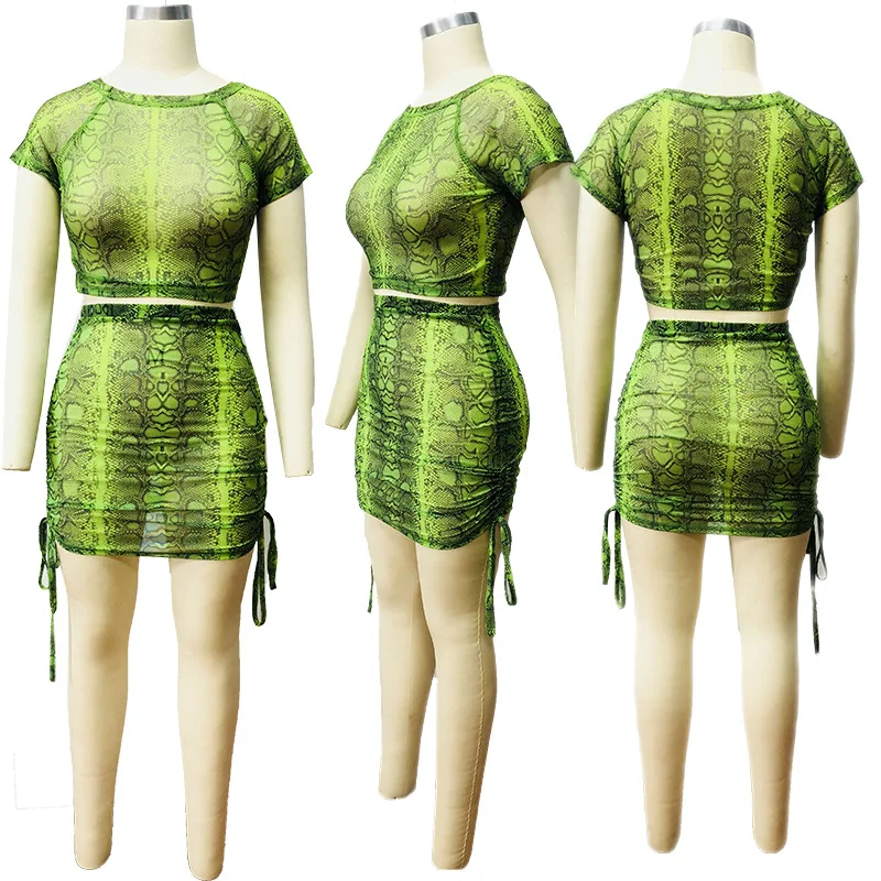 Adogirl флуоресцентный зеленый розовый змеиный принт, комплект из двух предметов, платье, футболка с коротким рукавом, укороченный топ+ облегающая мини-юбка, сексуальный костюм