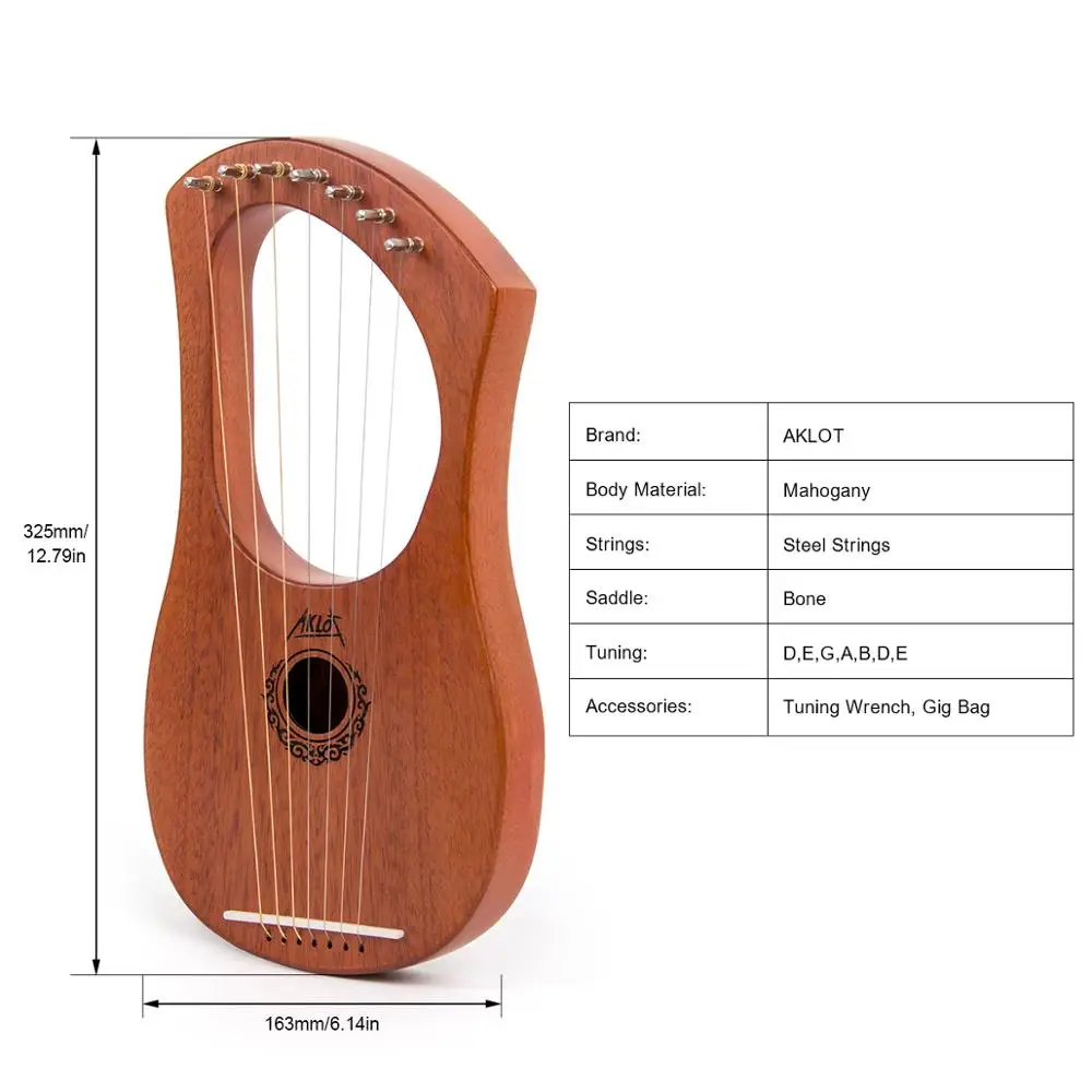 AKLOT Lyre harp 7 струн из красного дерева корпус костяная гайка с тюнинговым ключом и Gig Bag для начинающих
