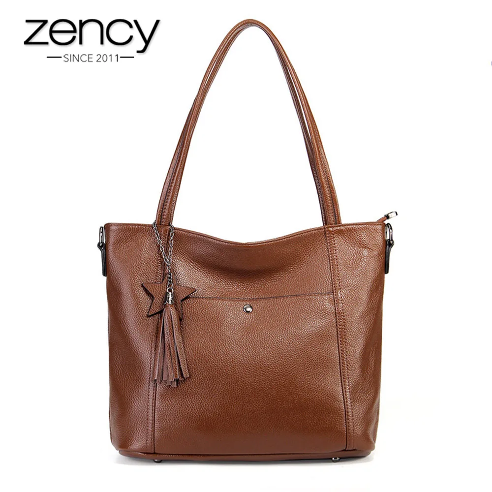 Bolsa de Ombro Bolsa de Couro Genuíno com Borla Zency Recém Chegados Moda Feminina 100% Simples Crossbody Messenger Purse Preto