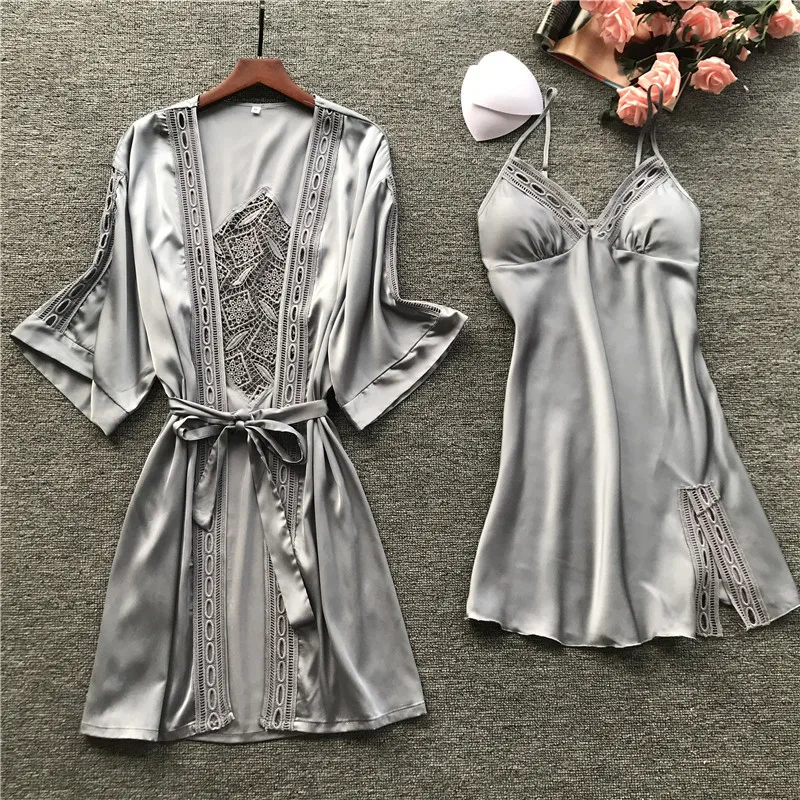 Women Robe& Gown Long Sleeve Ladies Nightwear Sets Sexy Lace Sleep Lounge Pijama Bathrobe Night Dress With Chest Pads