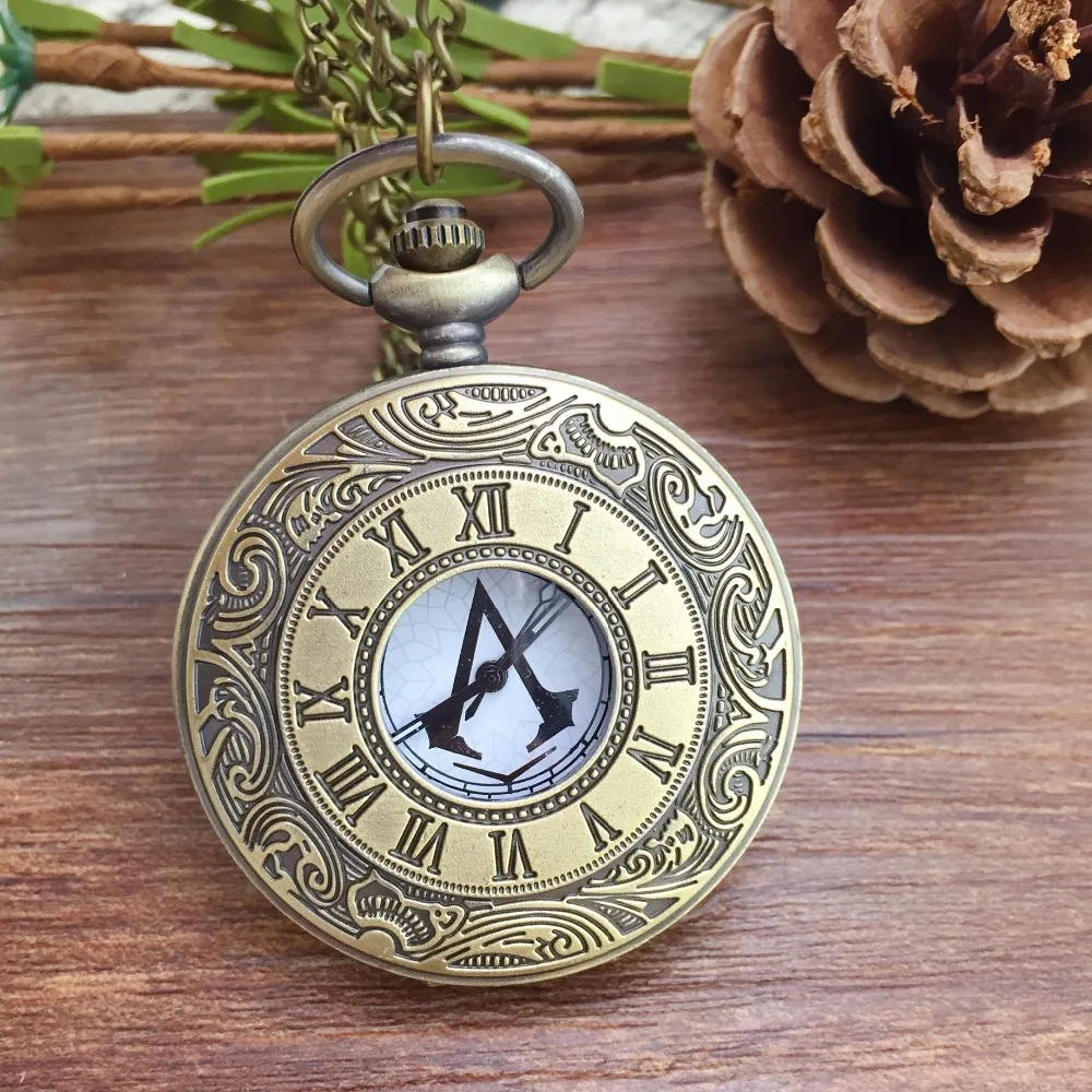 Hot sale Assassins Creed steampunk pocket watch quartz necklace pocket fob watches chain men women clock Hot sale Assassins Creed steampunk pocket watch quartz necklace pocket fob watches chain men women clock