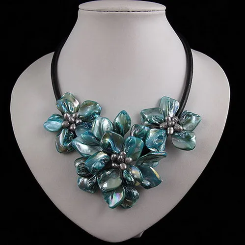 

Handmade Shell Flower Leather Necklace,Blue Genuine Freshwater Pearl Shell Flower Real Leather ,Perfect Jewellery For Women