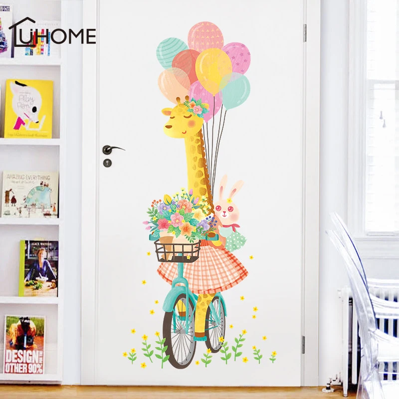 

Cartoon Giraffe Animal Nursery Room Wall Sticker Rabbit Giraffe Children's Room Cartoon Classroom Wall Decal Balloon Door Poster