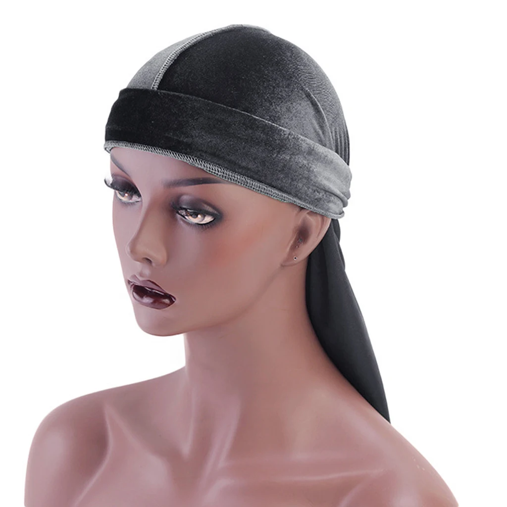 Women Men Long Tail Plain Velvet Bandana Turban Hat Durag Headwear Pirate Cap Head Wraps