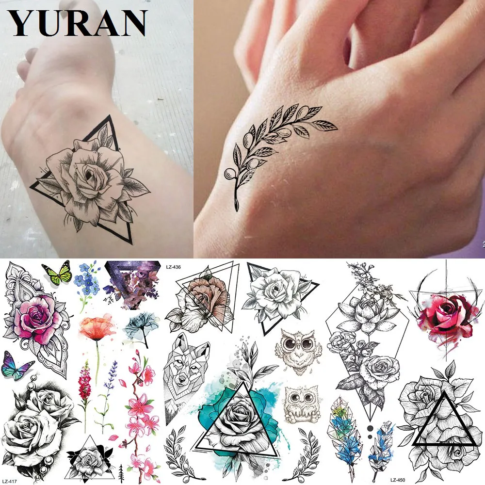

Black Triangle Flower Leaf Fake Tattoos Stickers Realistic Geometric Fox Tattoo Temporary Body Arm Waterproof Neck Tatoo Sheets