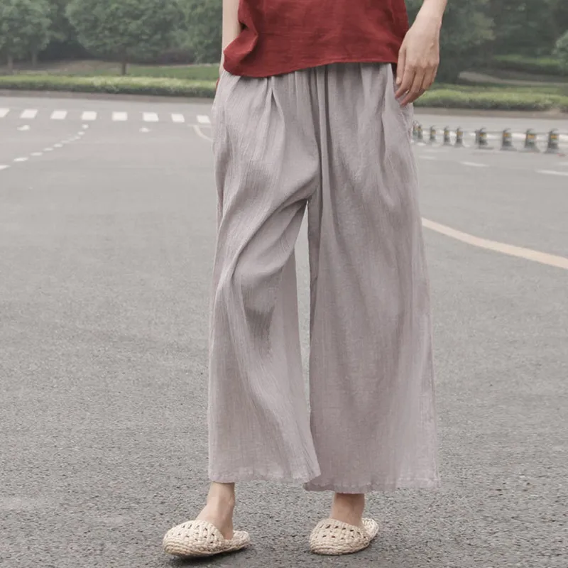 

Johnature 2019 Summer Cotton Linen Pants Elastic Mid Waist Solid Color 2019 Women New Vintage Ankle-Length Wide Leg Pants