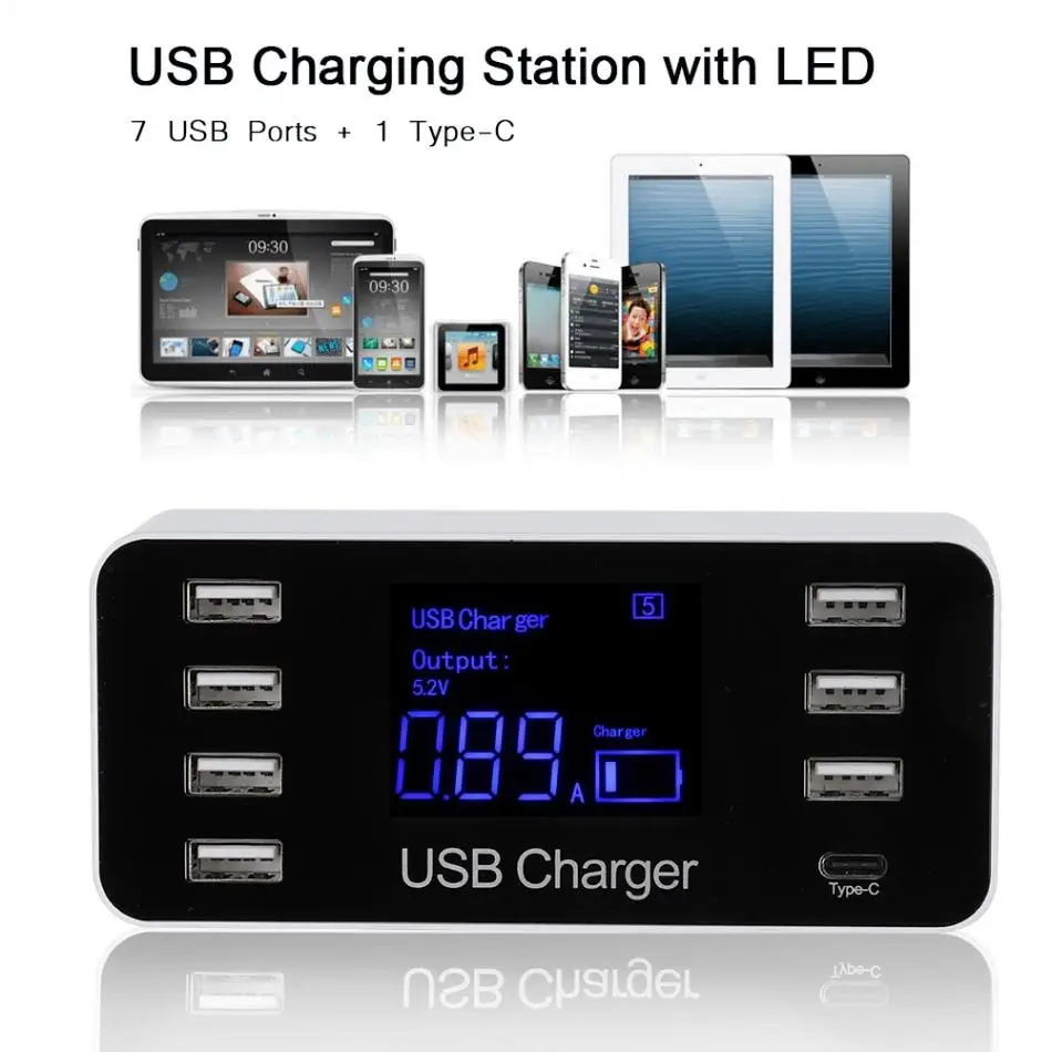 Simultaneous 7 USB+1 Type-C USB Charging Station with LCD 40W Fast Charging Smart USB Hub