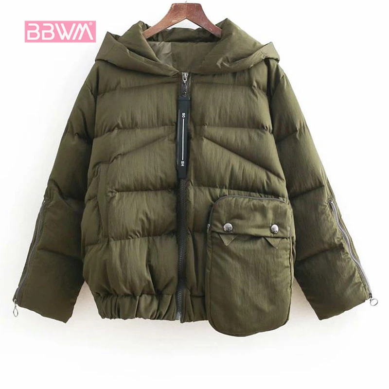 Корейская Женская Толстая теплая куртка с капюшоном, зима, новинка, длинный рукав, на молнии, женский пуховик, армейский зеленый, черный, пальто