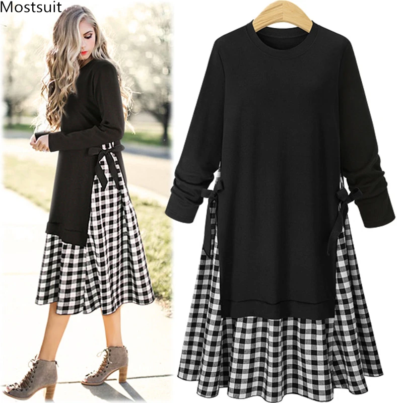 

L-4xl Plus Size Black Plaid Patchwork Dress Women Spring Autumn Casual Vintage Stylish Dresses Long Sleeve O-neck Vestidos Femme