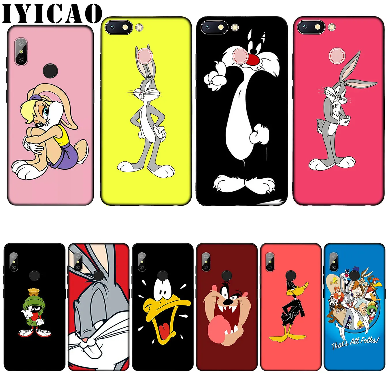 

IYICAO Looney Tunes Pattern Silicone Soft Case for Xiaomi Redmi 6A 5A Note 8 7 4 4X 5 Plus 6 Pro Black TPU Cover