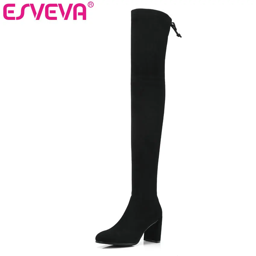 

ESVEVA 2020 Over The Knee Boots Winter Women Boots Square High Heel Lace Up Fashion Motorcycle Boots Platform Size 34-39