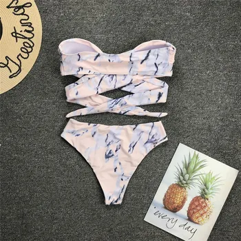 

2019 Summer Marble Print Two-Piece Suits Sexy Women Strapless Bandage Set Push-Up Padded Bra Top +Triangle Swimming Bathing Suit