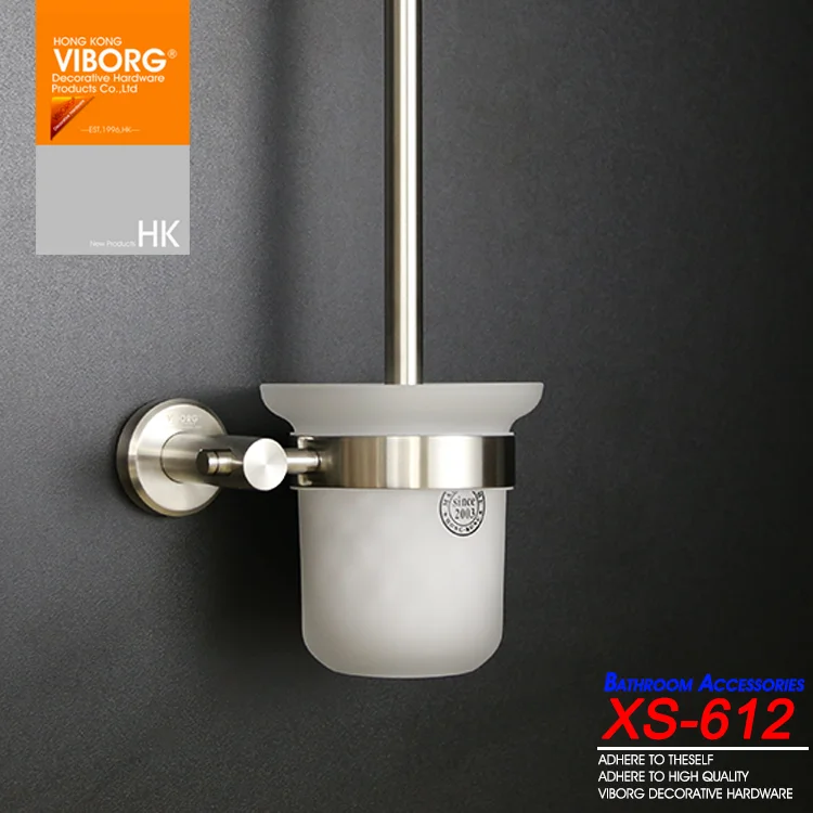 VIBORG Deluxe SUS304 Stainless Steel Wall Mount Mounted Toilet Brush set With Tempered Glass Cup Holder