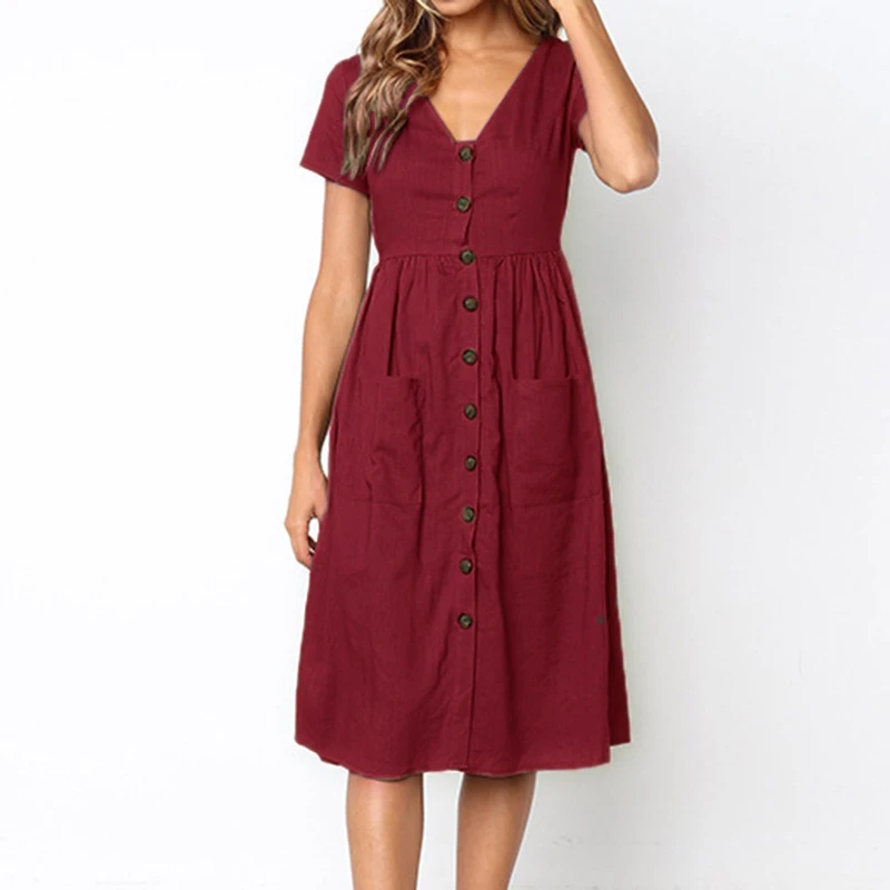 Women's Sexy Summer Dresses 2019 Boho Short Sleeve Button Solid Midi Dress Sundress With Pockets Lady Beach Party Dress Vestidos